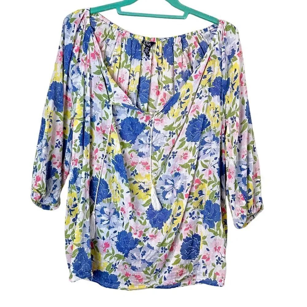 Chaps Fresh Floral Cotton Tassel Blouse Size Small